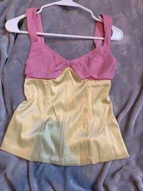 Princess Polly Pink and Pale Yellow Satin Two-Tone Bustier Top